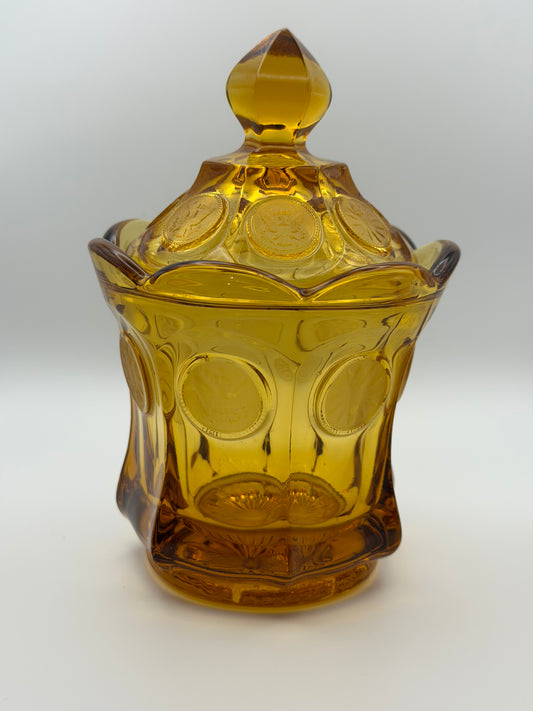 Vintage Fostoria Amber Coin Glass Lidded Candy Dish