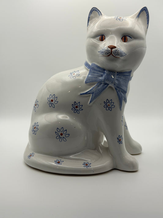 Pair of Vintage Rye Pottery Hand-Painted Blue Floral Sitting Cat Figurines (Made in England)