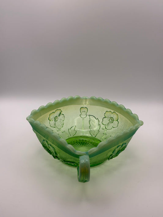 Antique Northwood "Blooms & Blossoms" Green Opalescent Glass Nappy Dish (c. 1905)