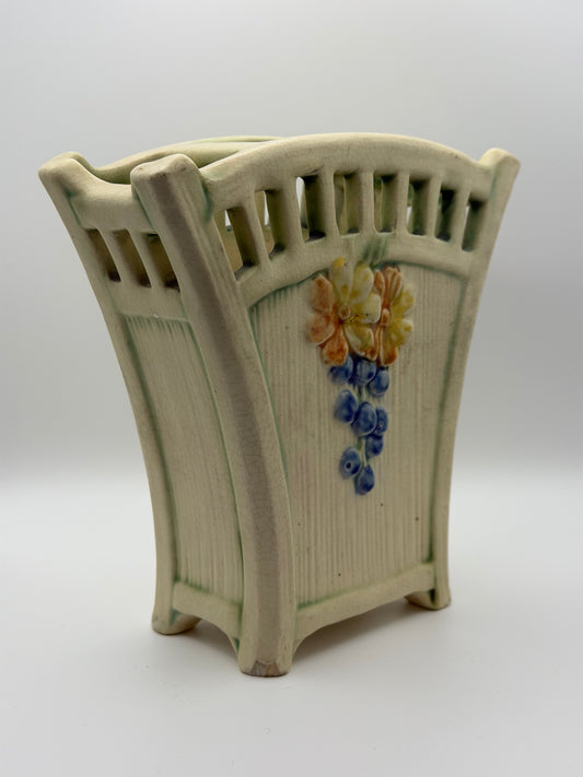 Antique Weller Pottery "Roma" Pierced Rim Vase – Floral & Grape Motif (c. 1920s)