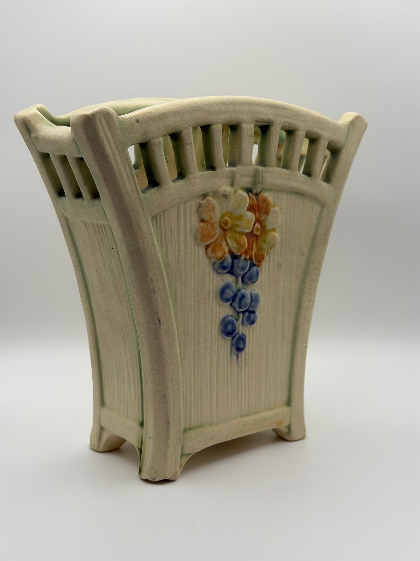 Antique Weller Pottery "Roma" Pierced Rim Vase – Floral & Grape Motif (c. 1920s)