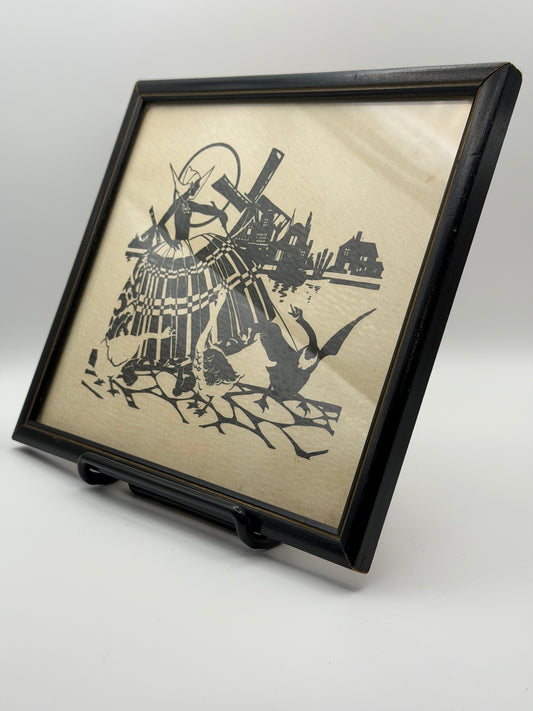 Vintage 1930s Dutch Girl & Geese Silhouette Art Print – Original Black Frame