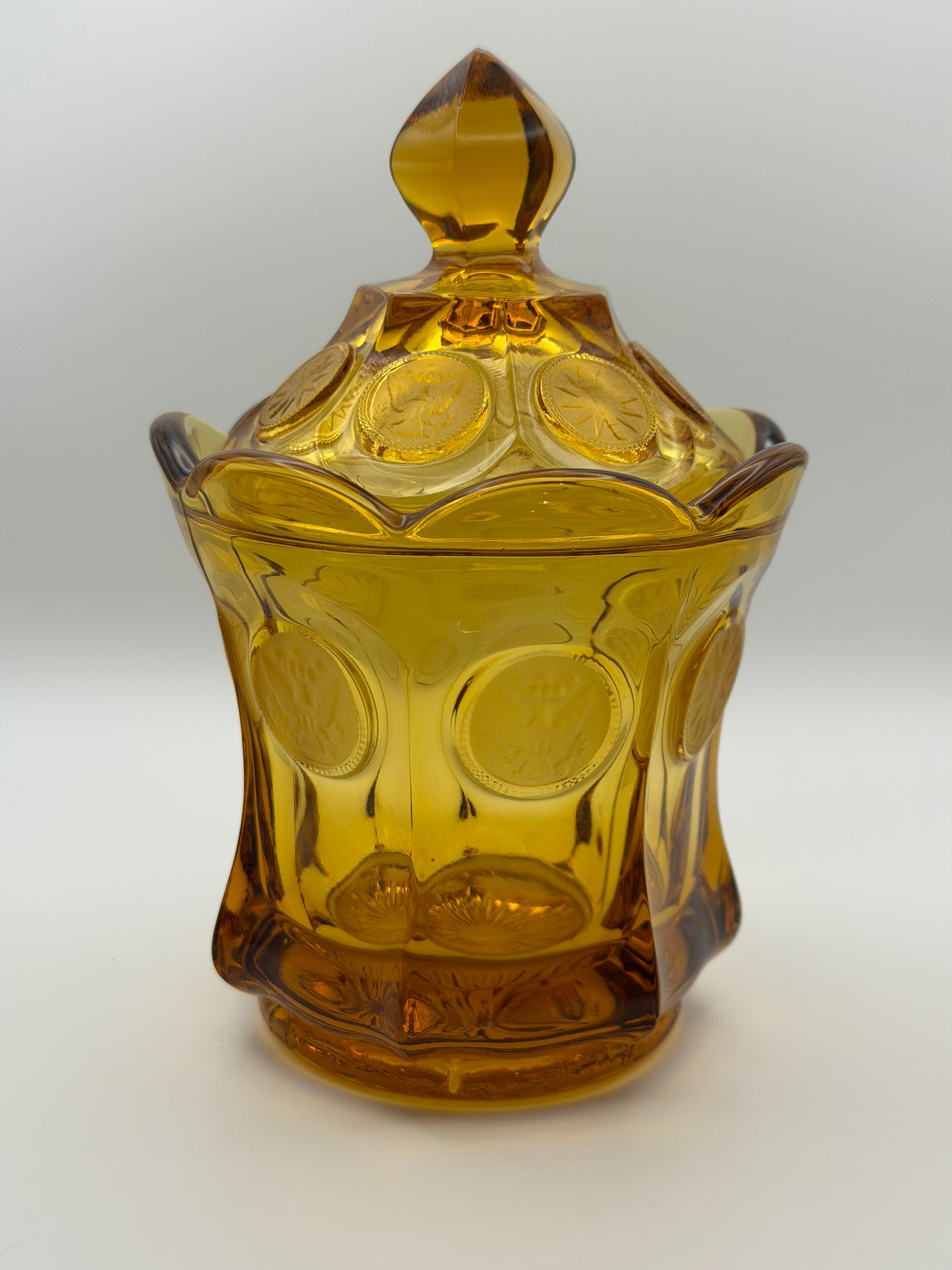 Vintage Fostoria Amber Coin Glass Lidded Candy Dish