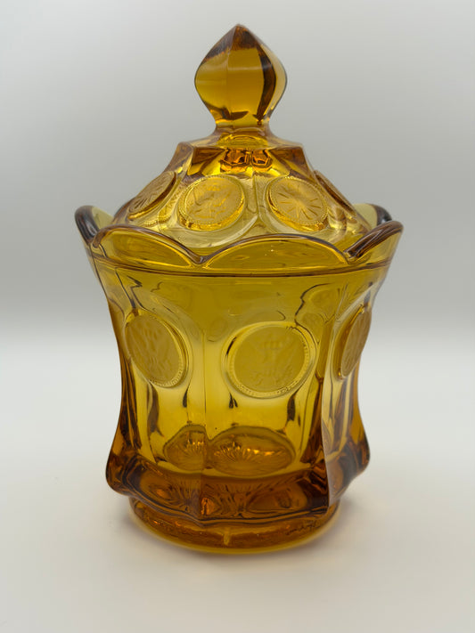 Vintage Fostoria Amber Coin Glass Lidded Candy Dish