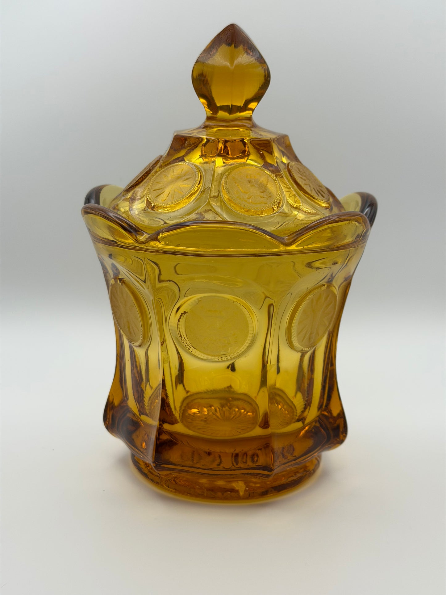 Vintage Fostoria Amber Coin Glass Lidded Candy Dish