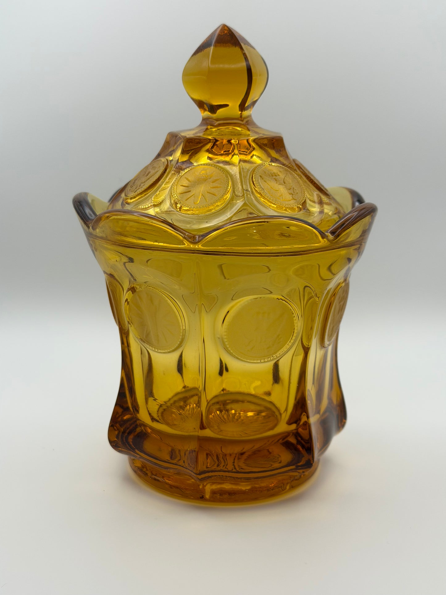 Vintage Fostoria Amber Coin Glass Lidded Candy Dish