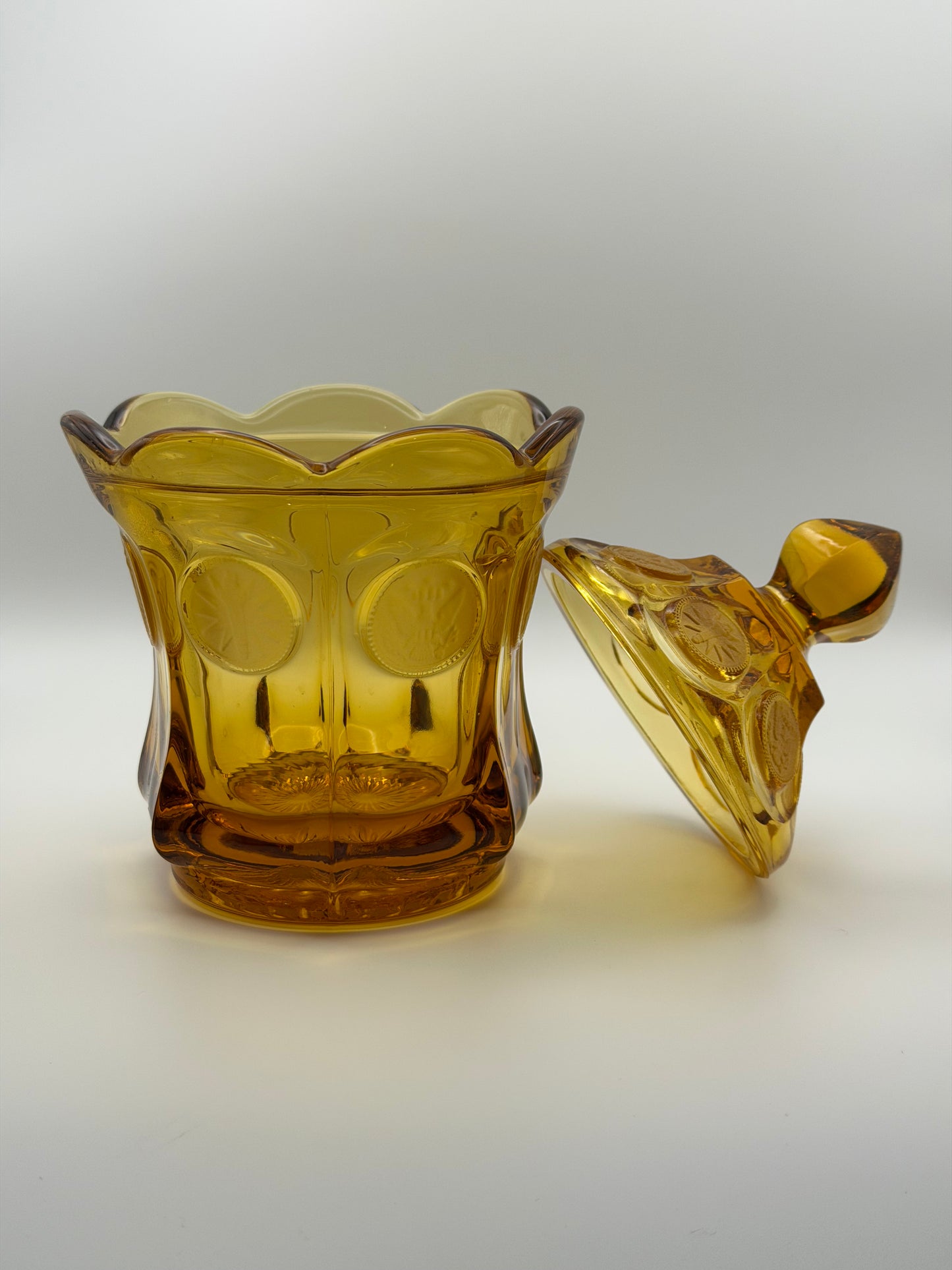 Vintage Fostoria Amber Coin Glass Lidded Candy Dish