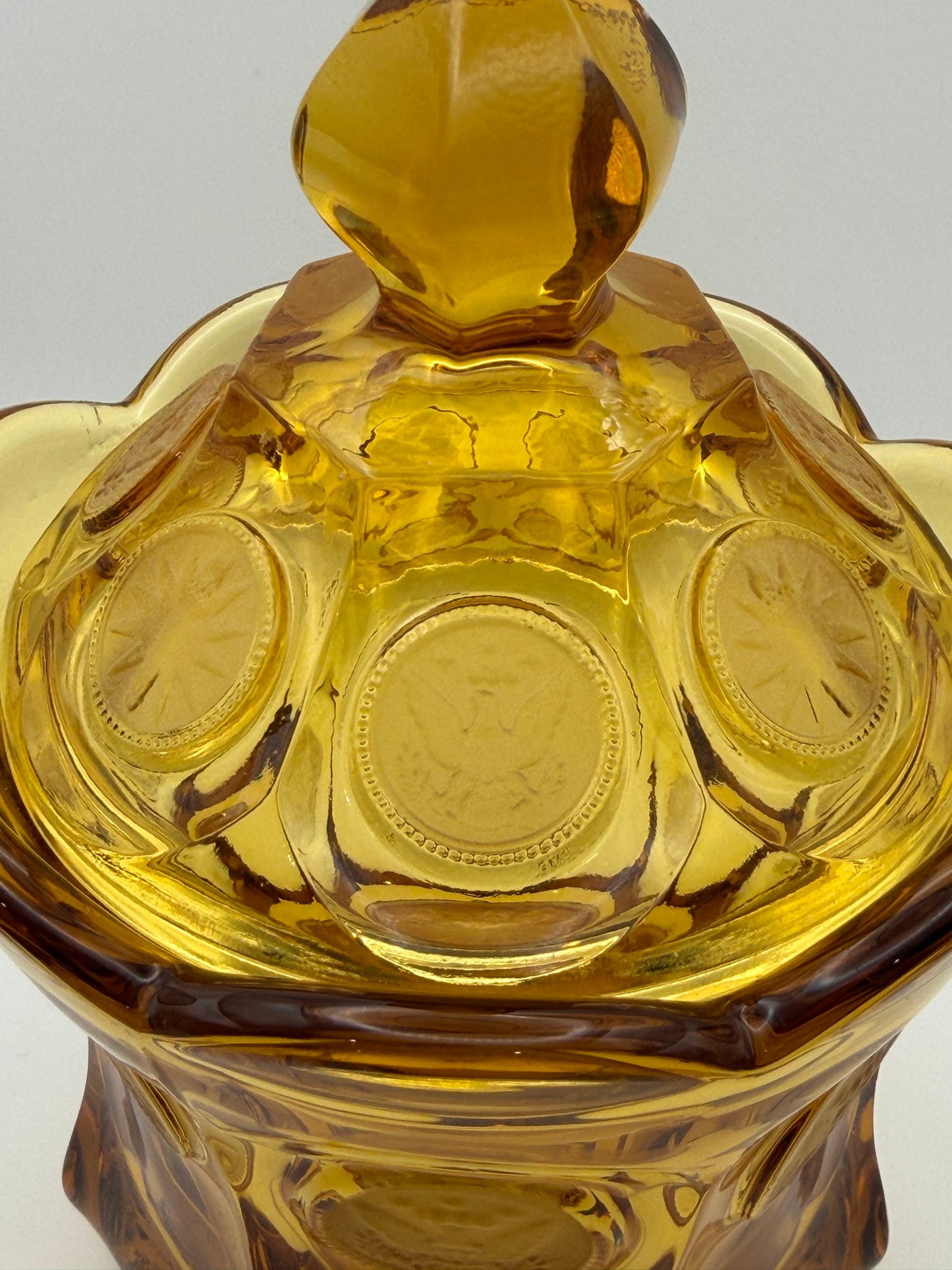 Vintage Fostoria Amber Coin Glass Lidded Candy Dish