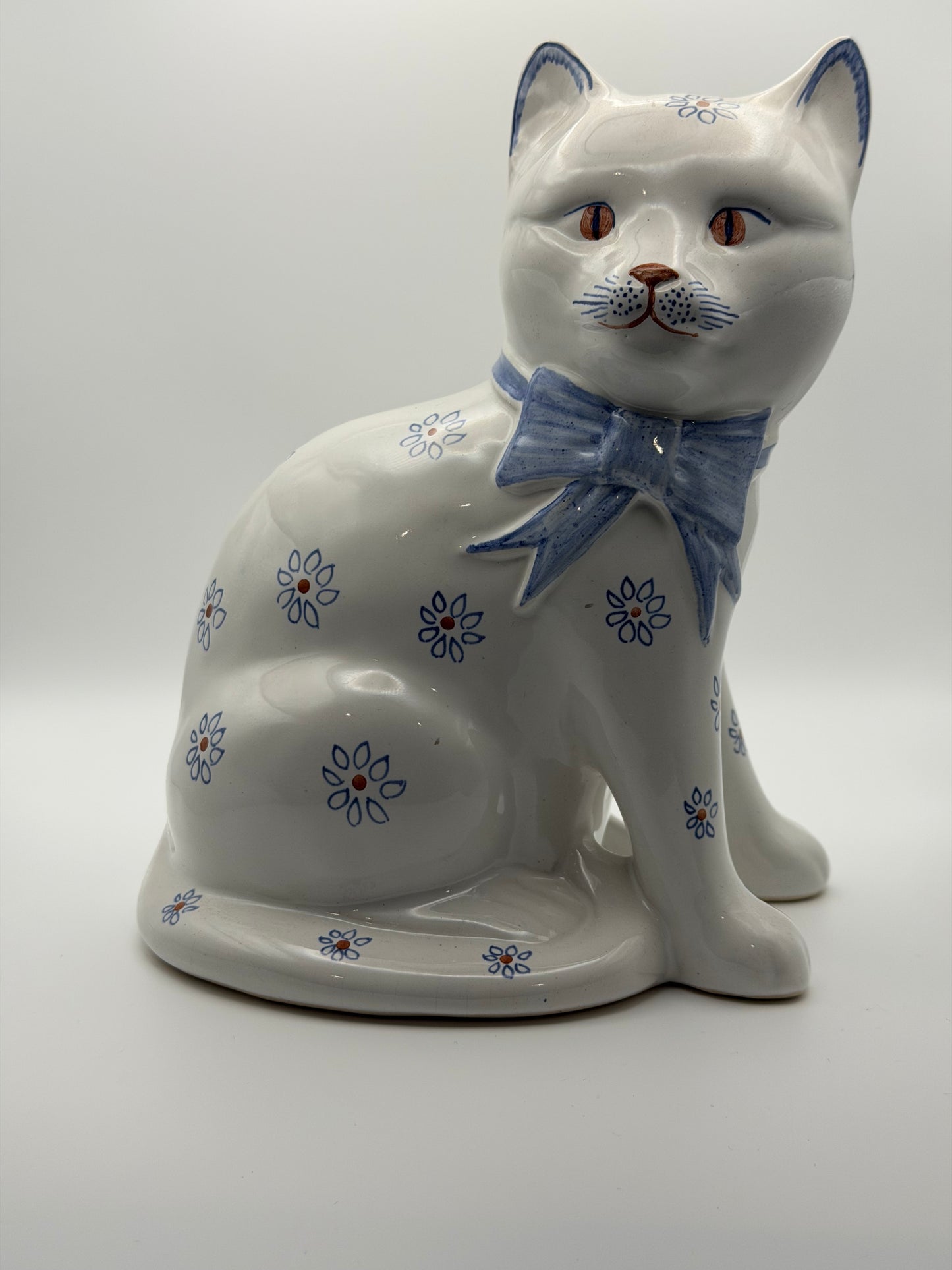 Pair of Vintage Rye Pottery Hand-Painted Blue Floral Sitting Cat Figurines (Made in England)
