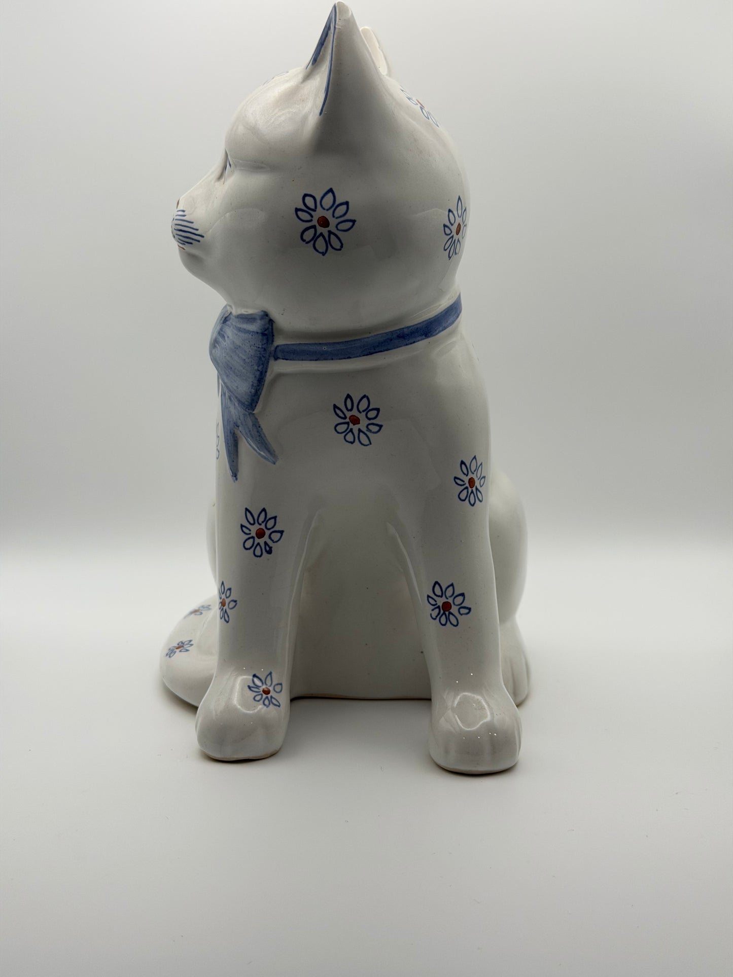 Pair of Vintage Rye Pottery Hand-Painted Blue Floral Sitting Cat Figurines (Made in England)
