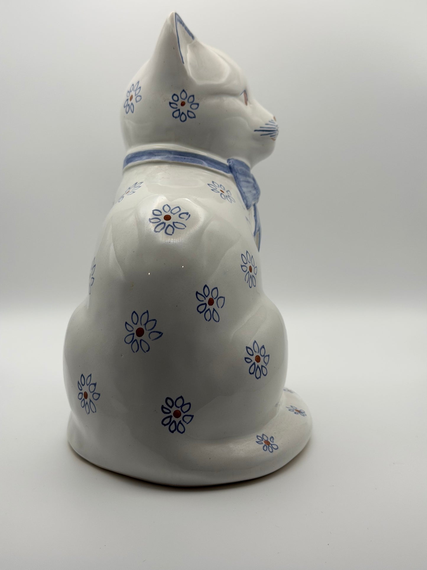 Pair of Vintage Rye Pottery Hand-Painted Blue Floral Sitting Cat Figurines (Made in England)