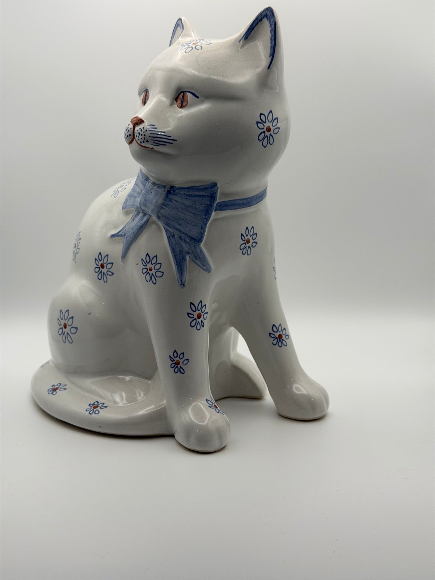 Pair of Vintage Rye Pottery Hand-Painted Blue Floral Sitting Cat Figurines (Made in England)