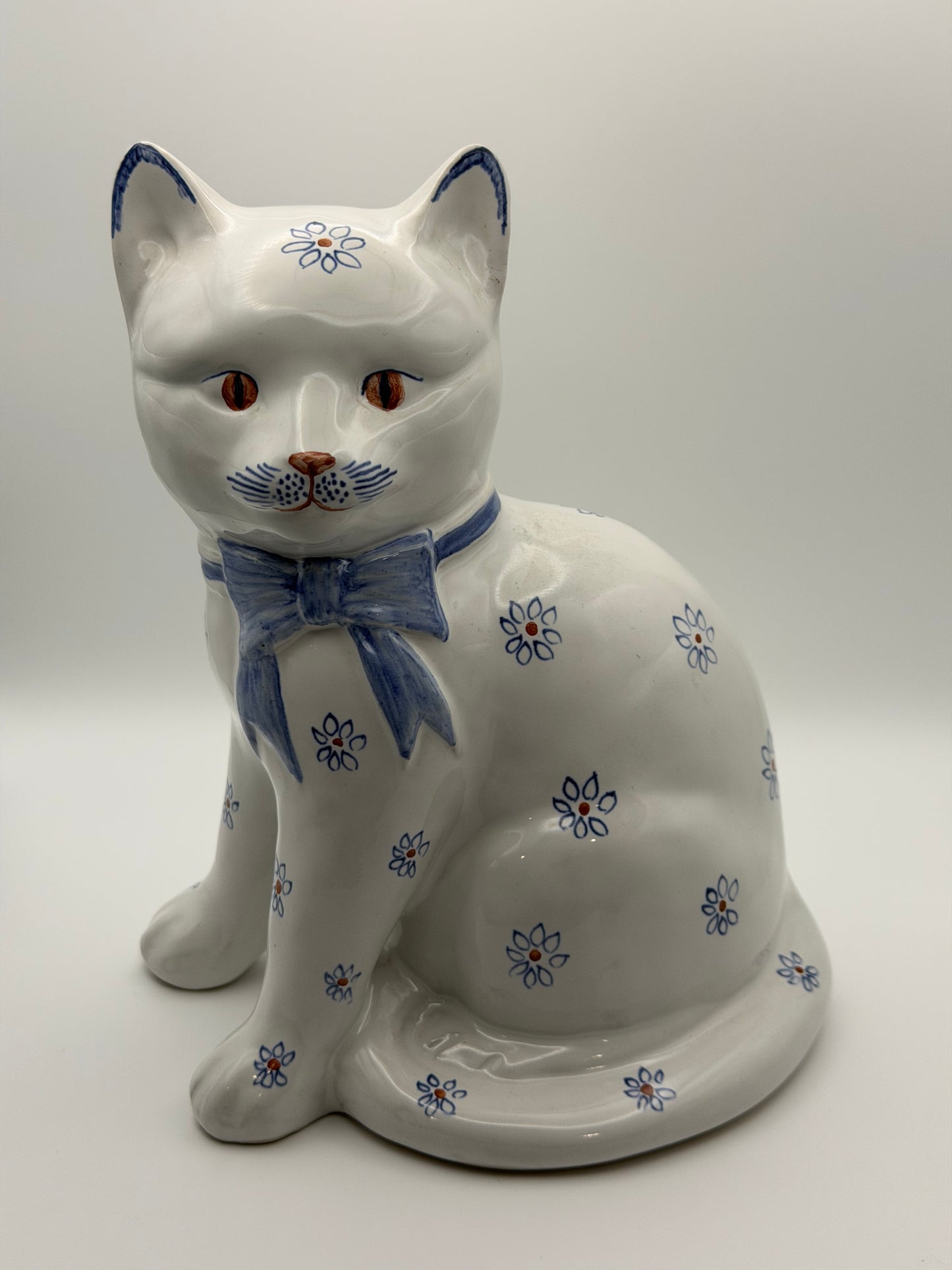 Pair of Vintage Rye Pottery Hand-Painted Blue Floral Sitting Cat Figurines (Made in England)