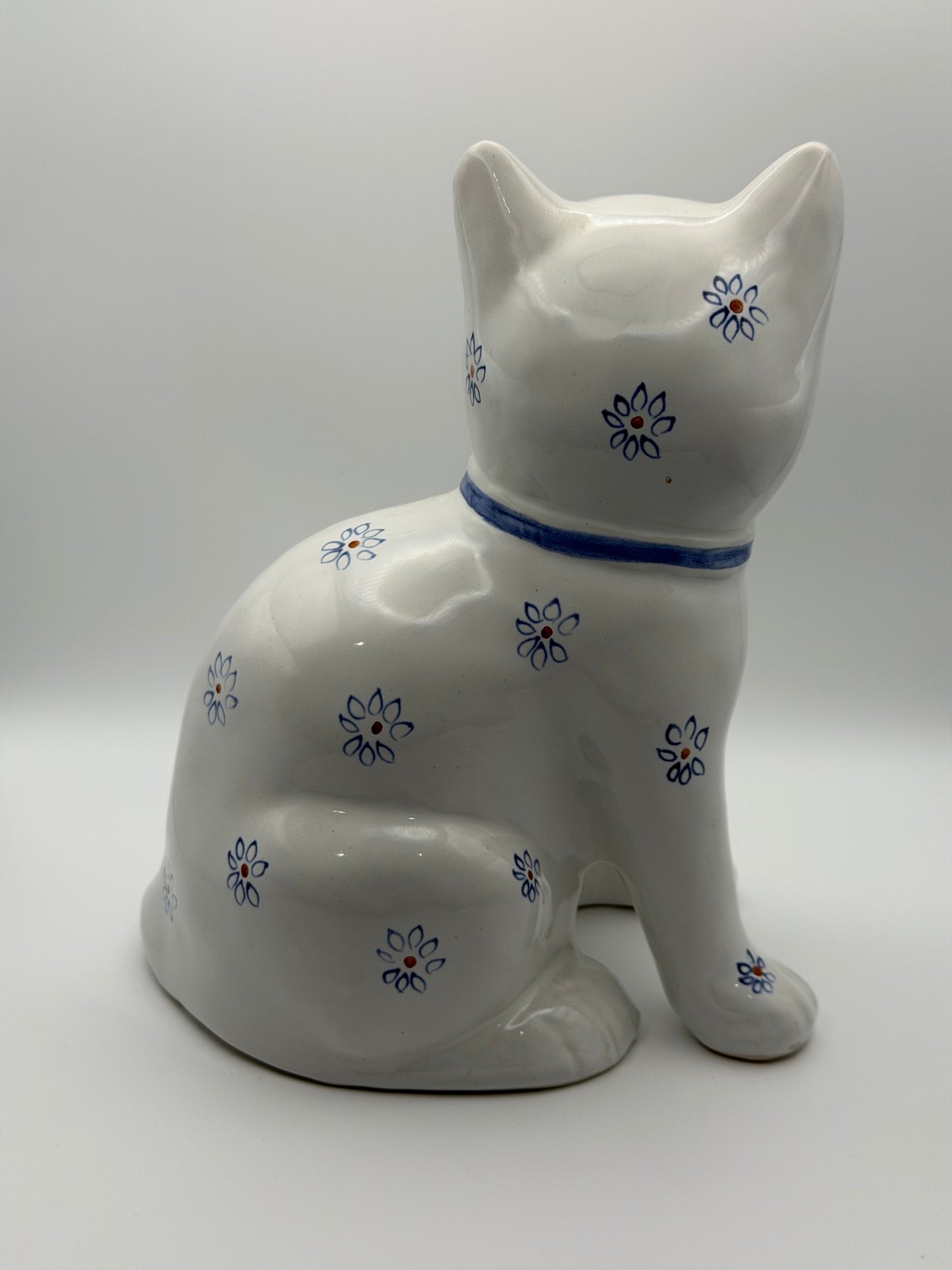 Pair of Vintage Rye Pottery Hand-Painted Blue Floral Sitting Cat Figurines (Made in England)