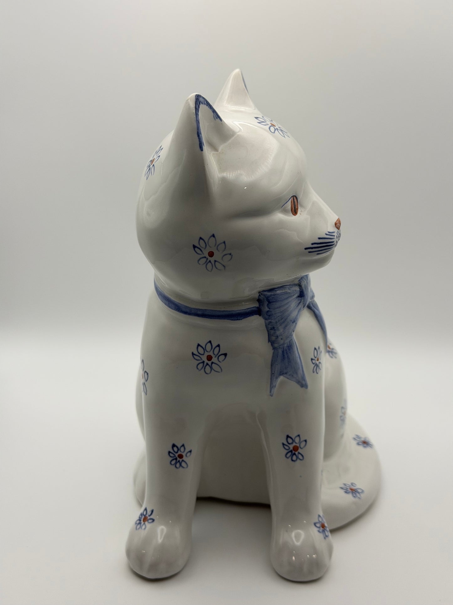 Pair of Vintage Rye Pottery Hand-Painted Blue Floral Sitting Cat Figurines (Made in England)