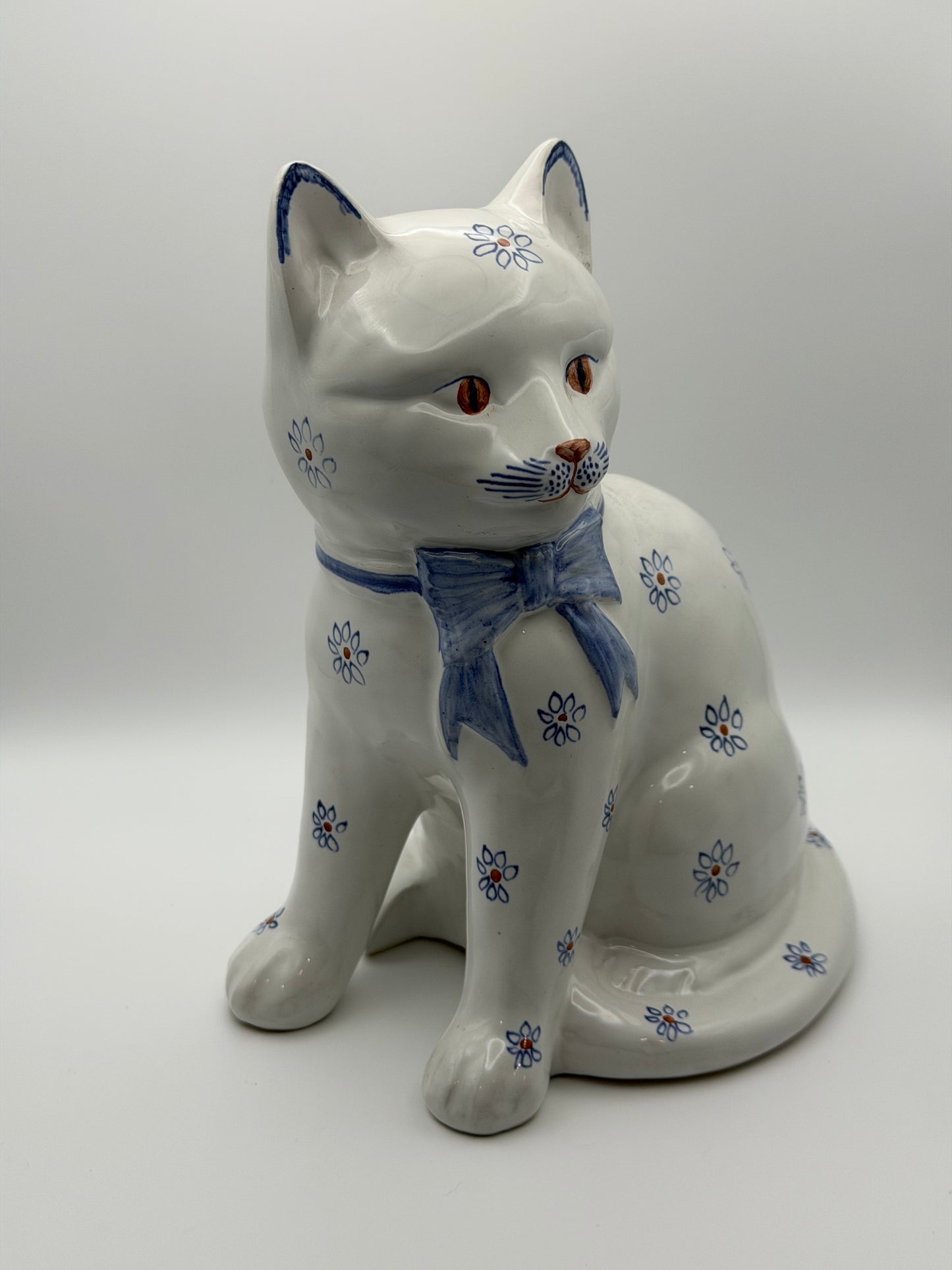 Pair of Vintage Rye Pottery Hand-Painted Blue Floral Sitting Cat Figurines (Made in England)