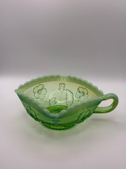 Antique Northwood "Blooms & Blossoms" Green Opalescent Glass Nappy Dish (c. 1905)