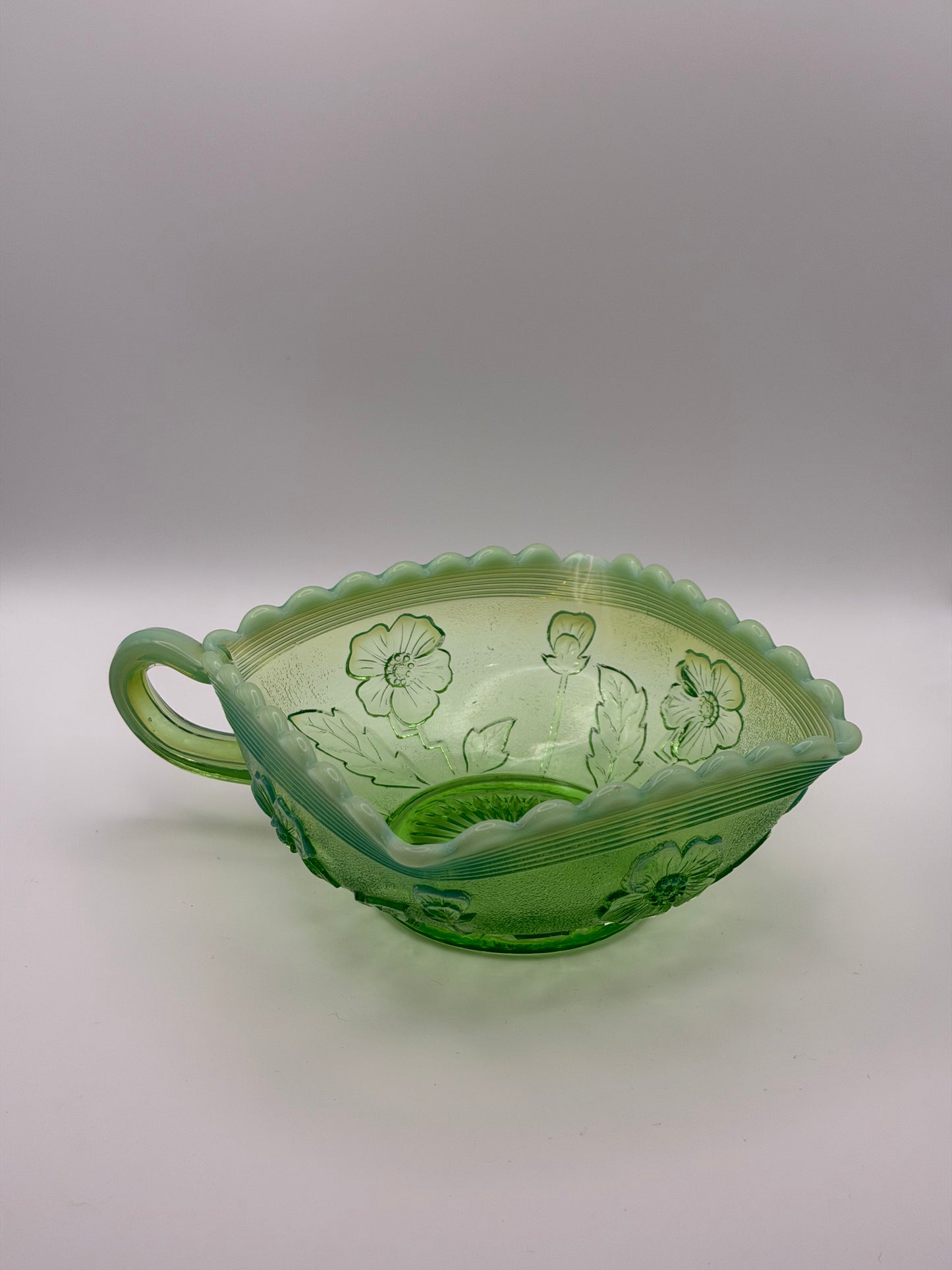 Antique Northwood "Blooms & Blossoms" Green Opalescent Glass Nappy Dish (c. 1905)