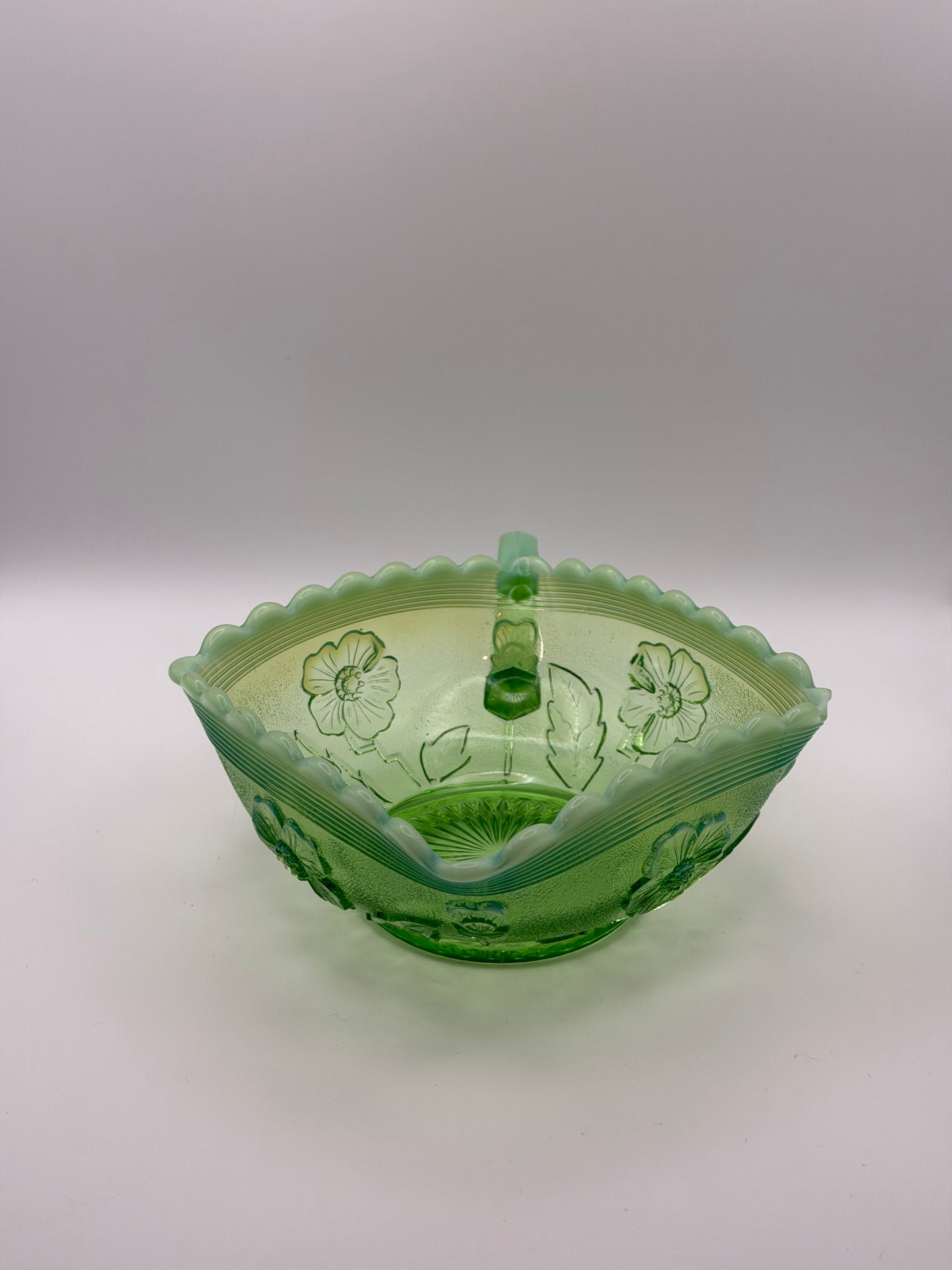 Antique Northwood "Blooms & Blossoms" Green Opalescent Glass Nappy Dish (c. 1905)