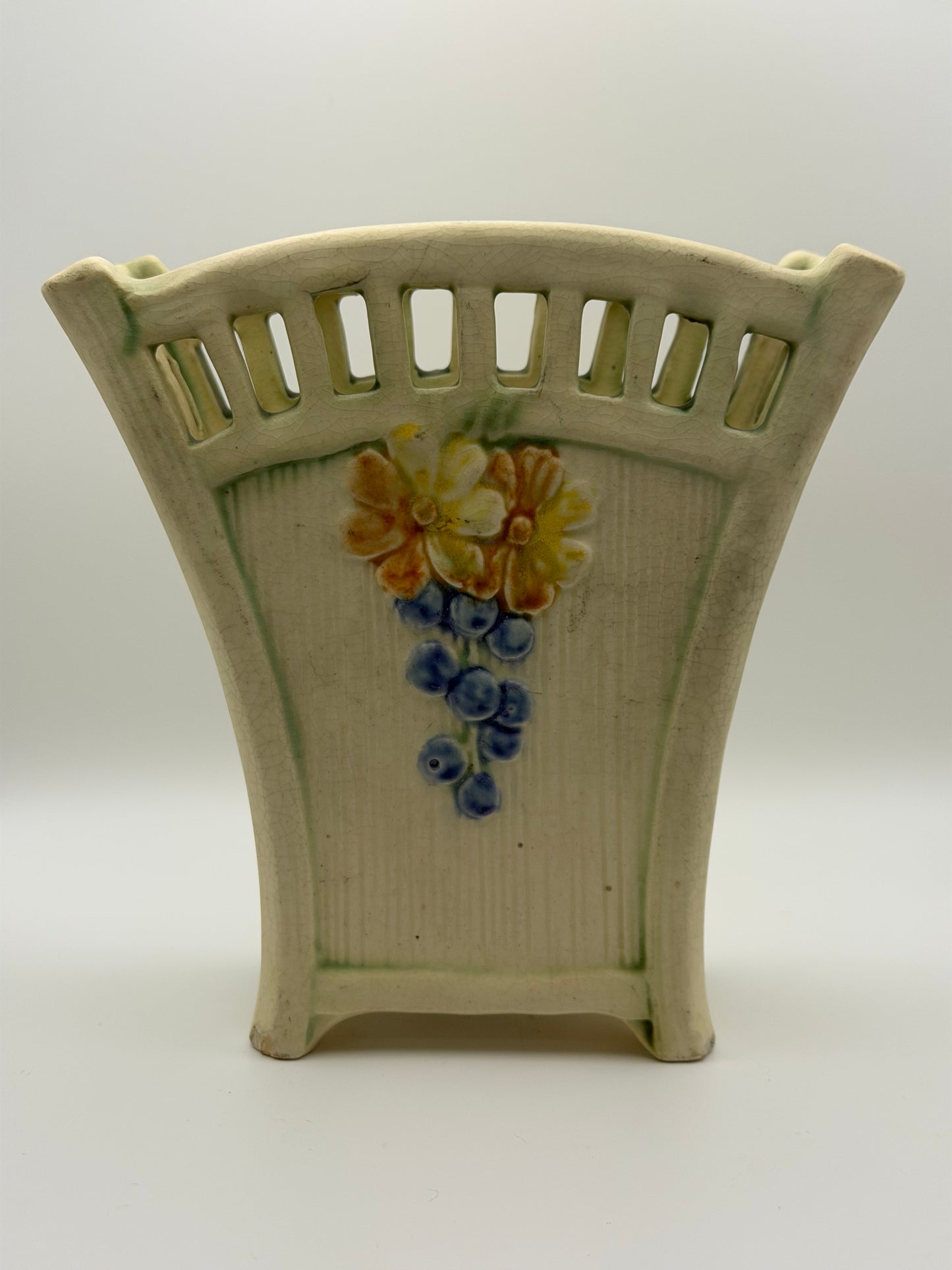 Antique Weller Pottery "Roma" Pierced Rim Vase – Floral & Grape Motif (c. 1920s)