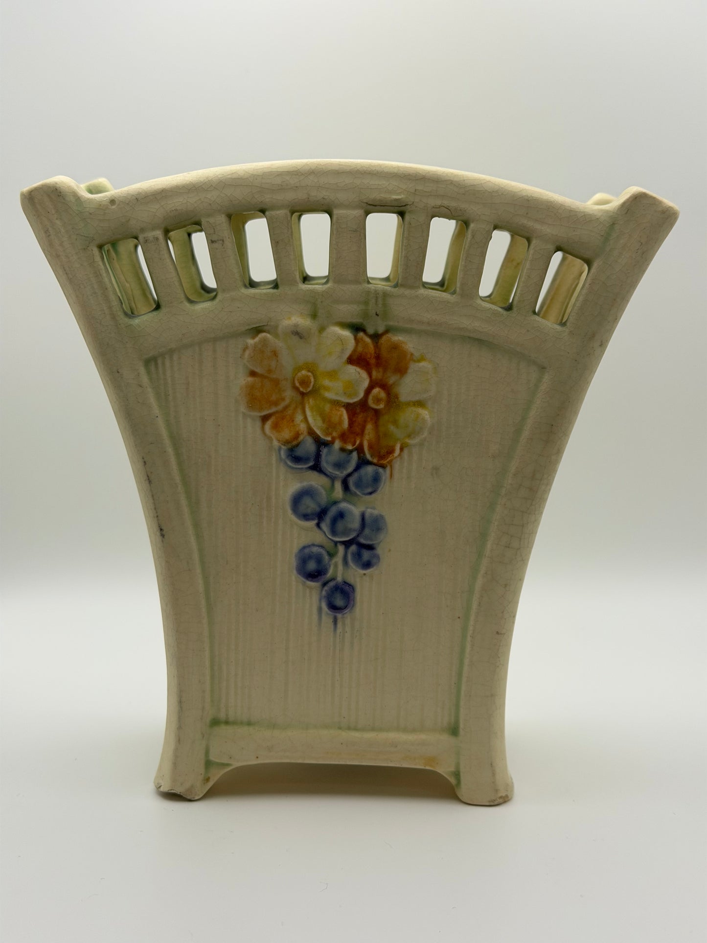 Antique Weller Pottery "Roma" Pierced Rim Vase – Floral & Grape Motif (c. 1920s)