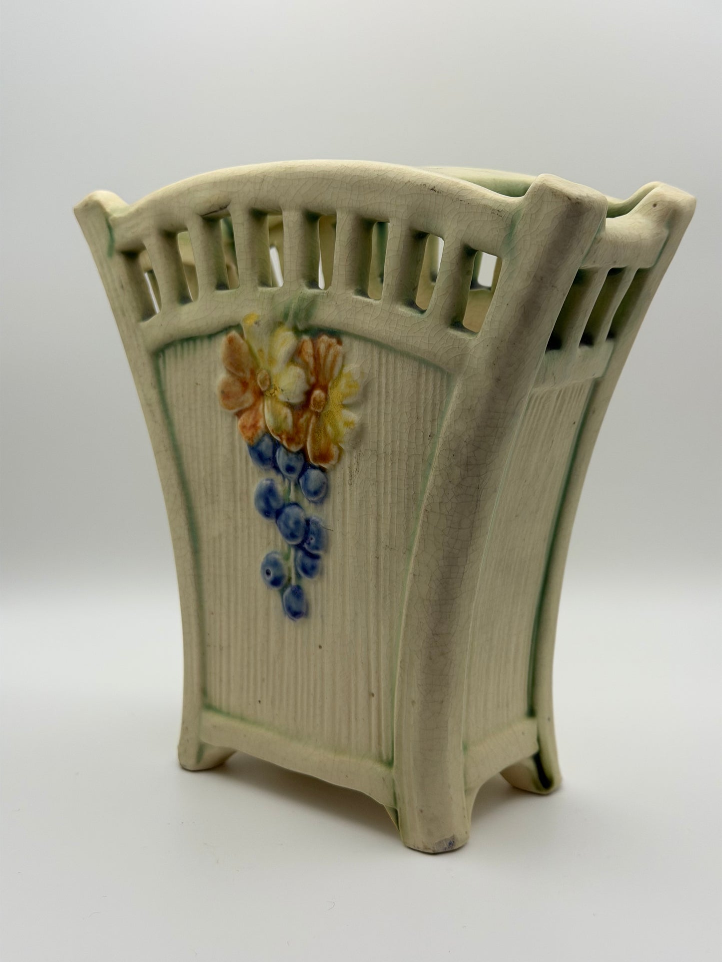 Antique Weller Pottery "Roma" Pierced Rim Vase – Floral & Grape Motif (c. 1920s)