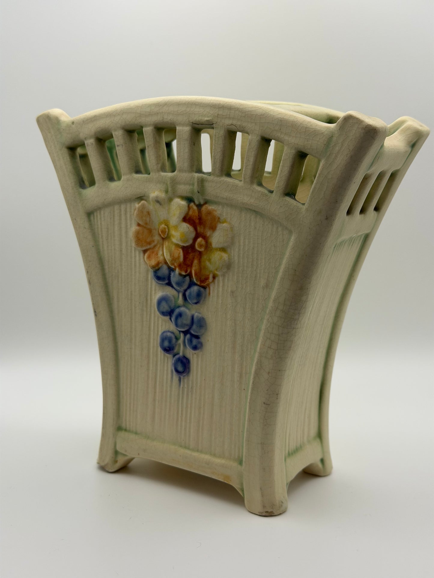 Antique Weller Pottery "Roma" Pierced Rim Vase – Floral & Grape Motif (c. 1920s)