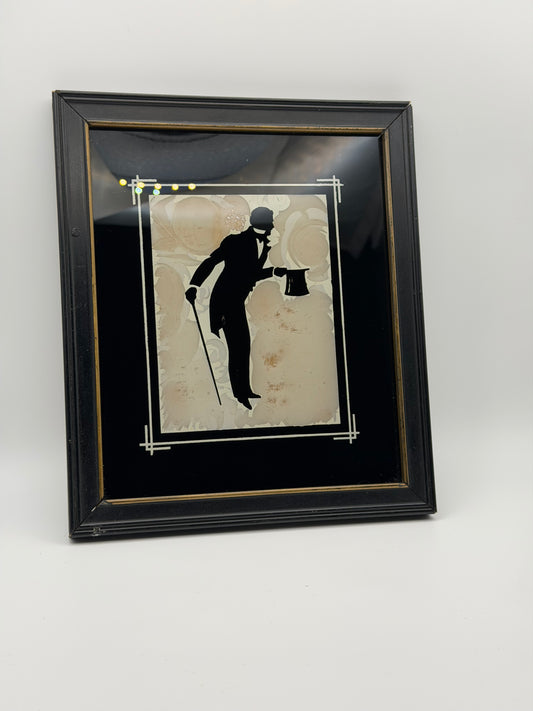 1930s Art Deco Reverse Painted Glass Silhouette – Gentleman in Top Hat & Cane