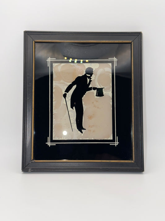 1930s Art Deco Reverse Painted Glass Silhouette – Gentleman in Top Hat & Cane