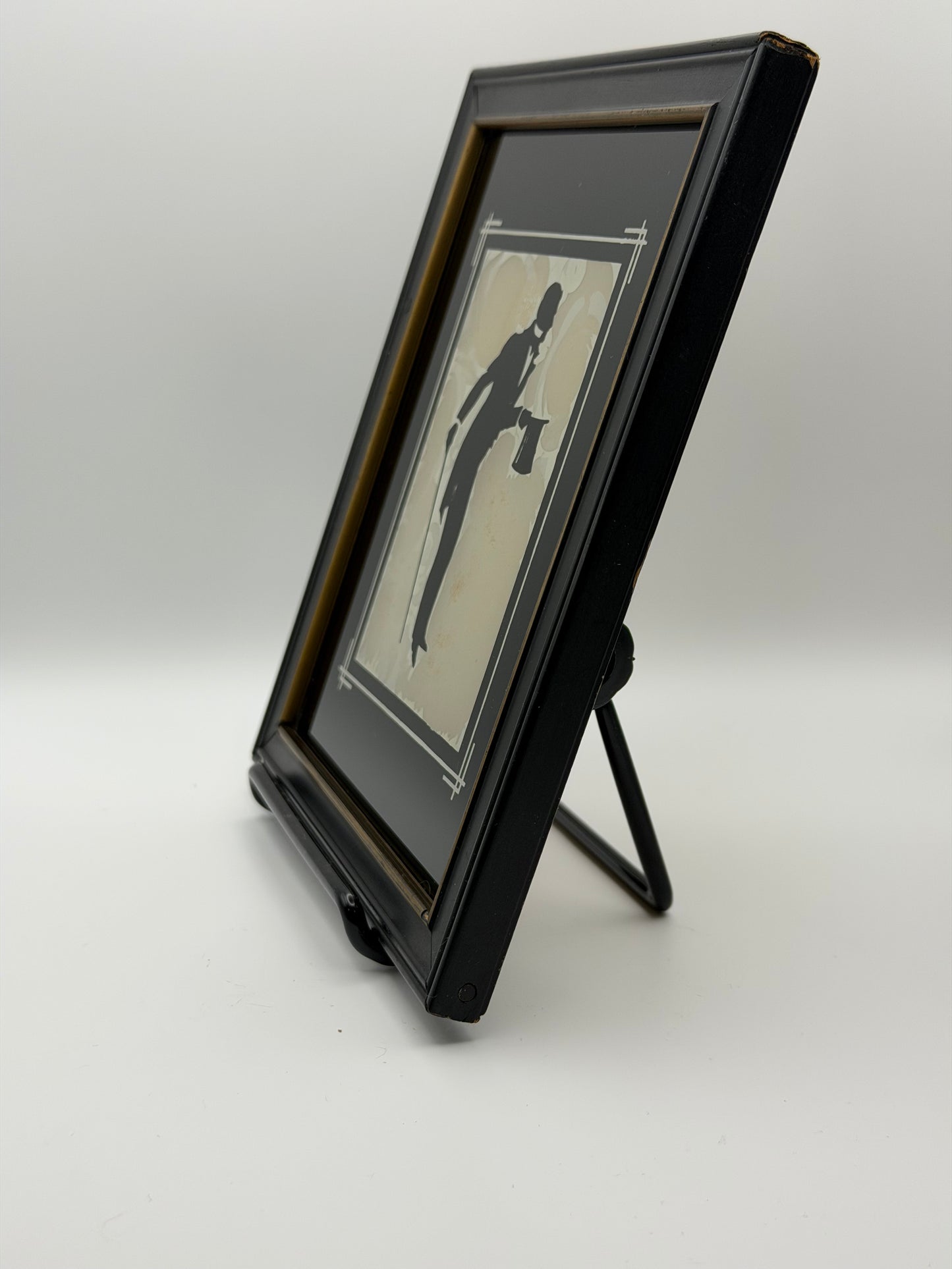 1930s Art Deco Reverse Painted Glass Silhouette – Gentleman in Top Hat & Cane