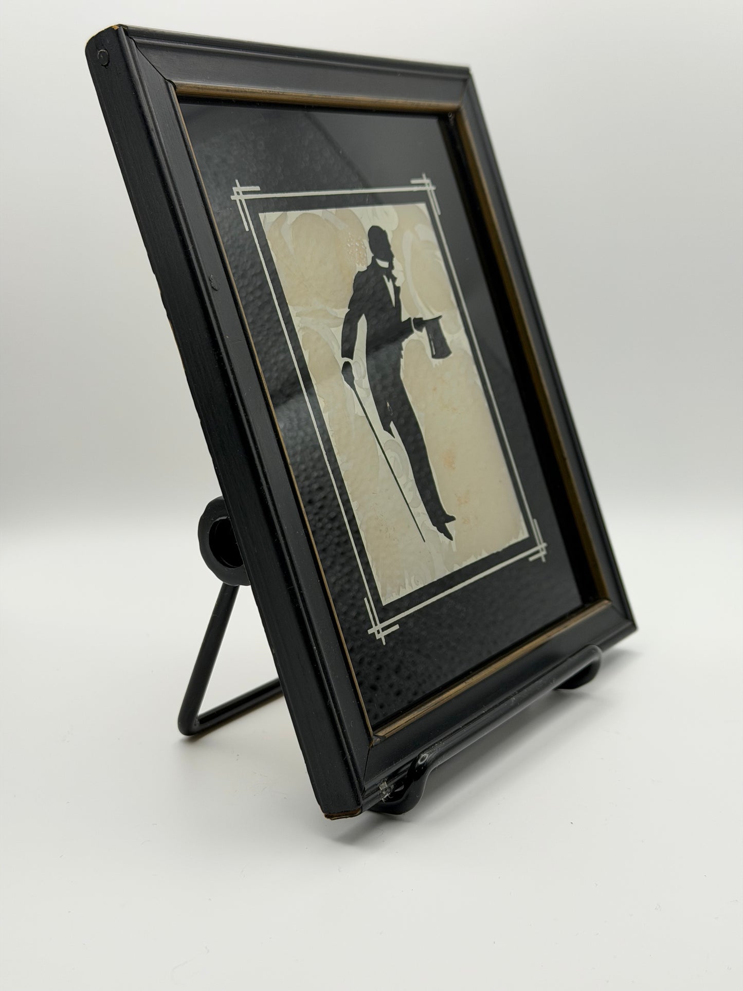 1930s Art Deco Reverse Painted Glass Silhouette – Gentleman in Top Hat & Cane