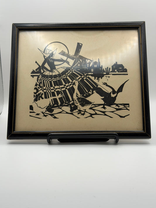 Vintage 1930s Dutch Girl & Geese Silhouette Art Print – Original Black Frame