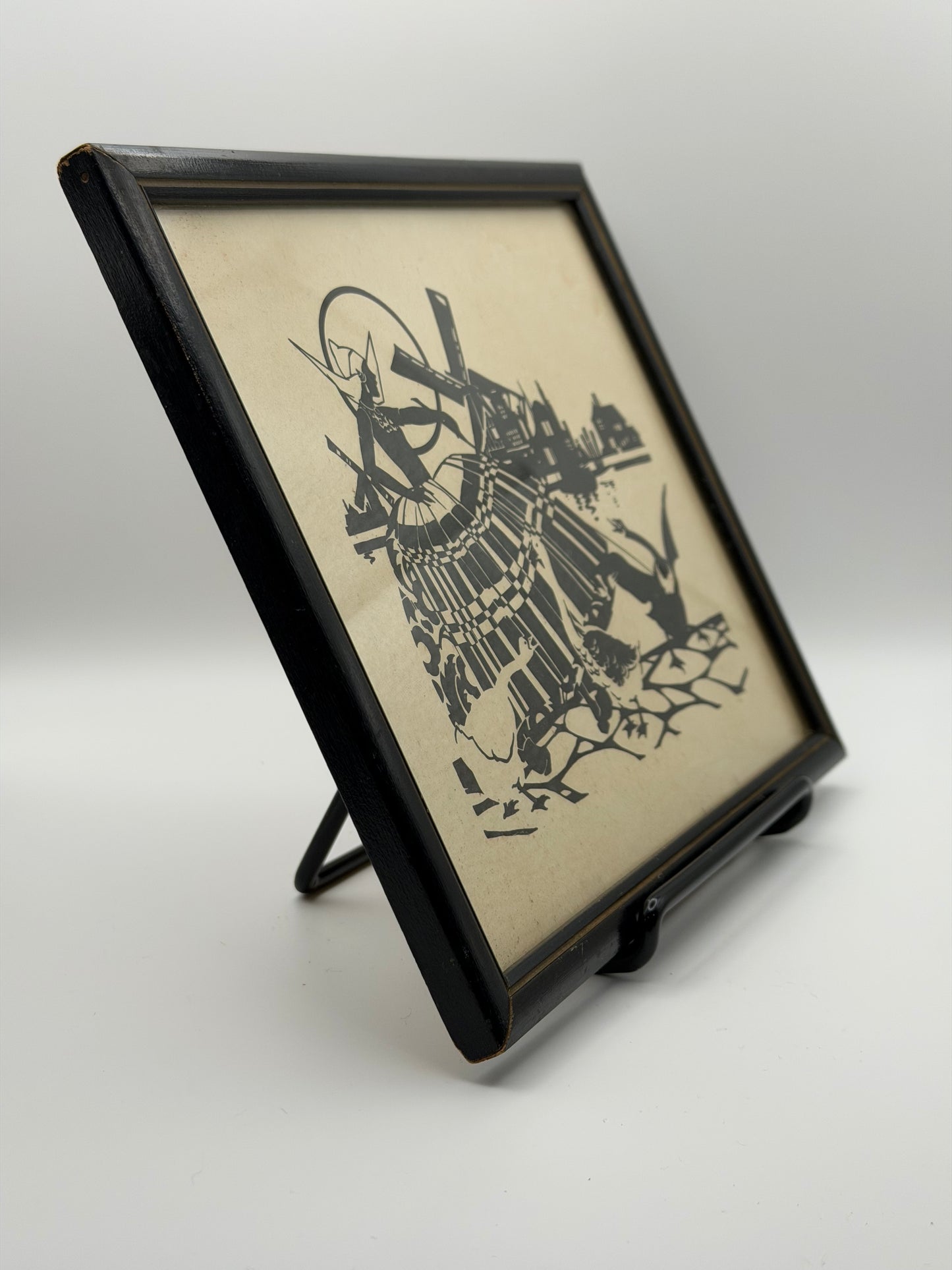 Vintage 1930s Dutch Girl & Geese Silhouette Art Print – Original Black Frame