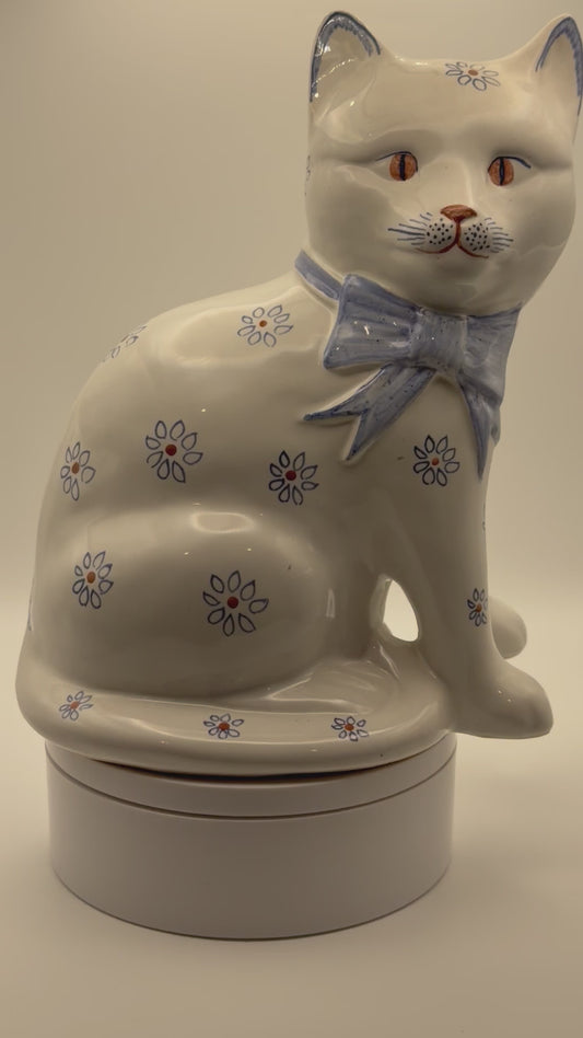 Pair of Vintage Rye Pottery Hand-Painted Blue Floral Sitting Cat Figurines (Made in England)
